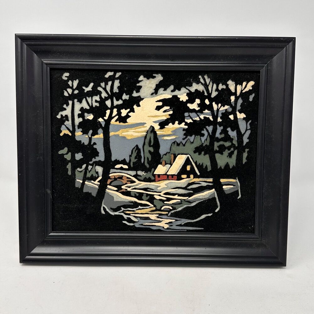 Vintage Paint by Number Cabin Winter Landscape Framed Black Velvet Art 11 x 13